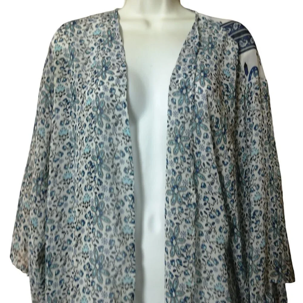 Divided by H&M  Small Open Front Sheer Swim Coverup Kimono Blue White Floral